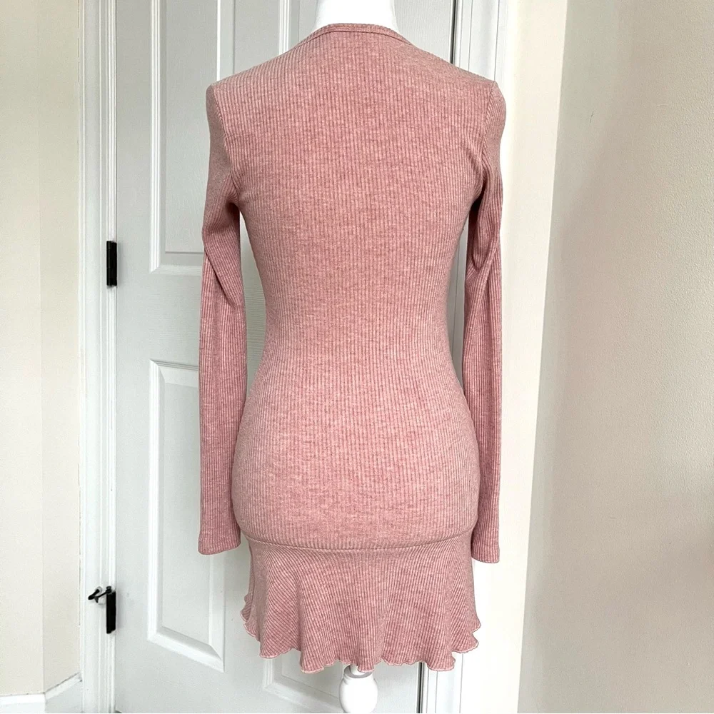 Pink Long Sleeve Floral Ribbed Mini Dress 90s Y2K Fairy Coquette Babydoll M - Picture 4 of 7